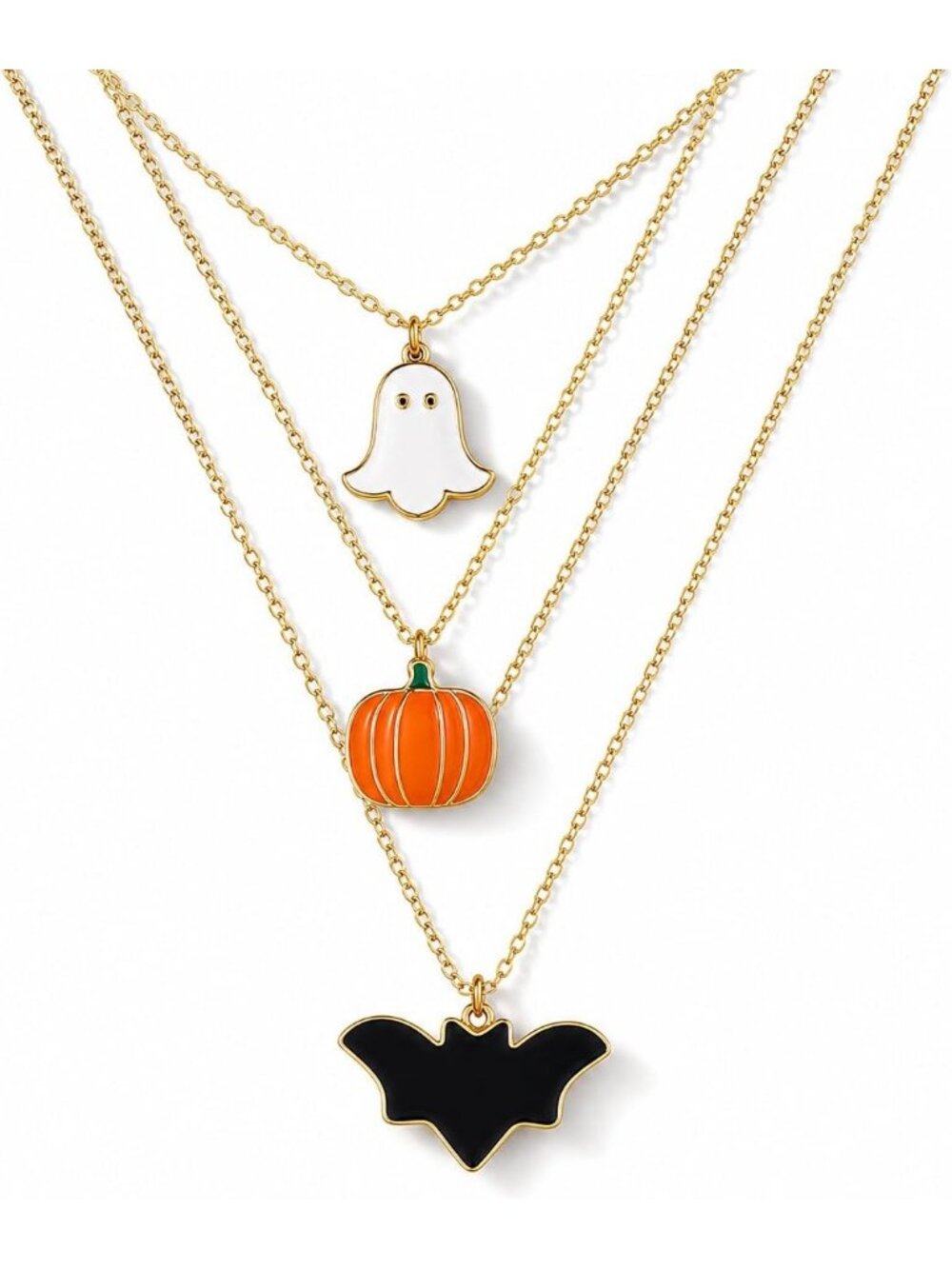 Women's Orange Black 3 Piece Ghost Pumpkin Bat Pendant Halloween Set Necklaces